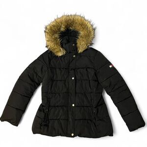 Tommy Hilfiger Black Puffer Coat w/ Faux Fur Hood